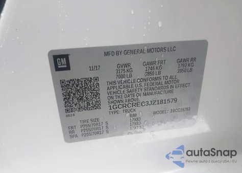 2018 Chevrolet Silverado 1500 1Lt z USA, uszkodzony, nr VIN 1GCRCREC3JZ181579